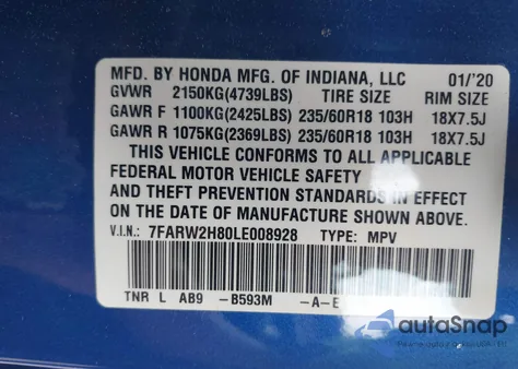 2020 Honda Cr-V Awd Ex-L из США, поврежденный, VIN 7FARW2H80LE008928